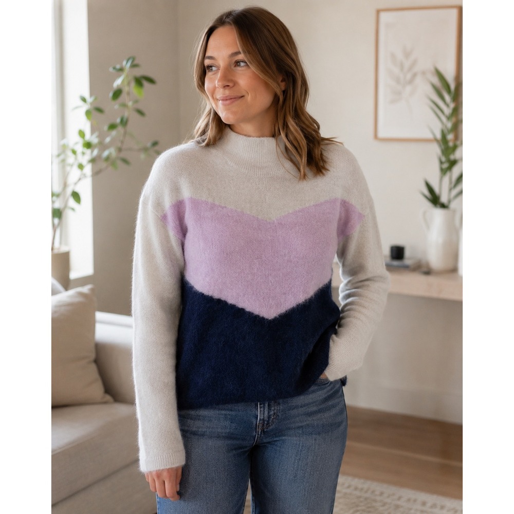 JUST Female Herle Knit Colorblock Chevron Mohair Blend Mock Neck Sweater L
